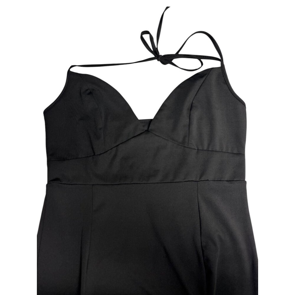 Black Halter Midi Dress With Adjustable Tie Back & Deep V-Neckline 95% Polyester - Picture 10 of 10